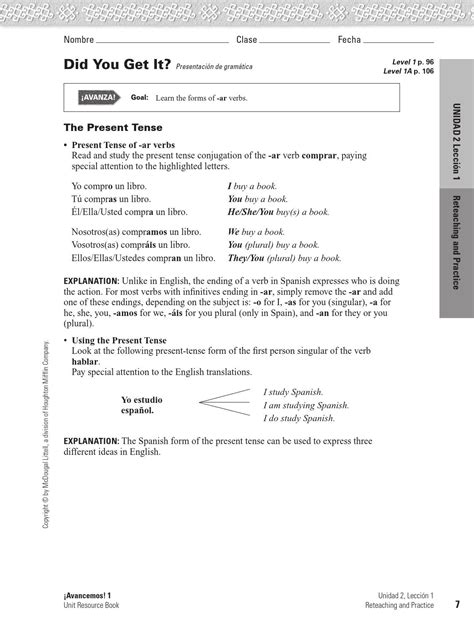 lesson 4 verbs reteaching answer key PDF