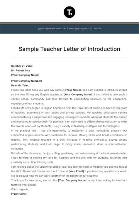 letter from principal introducing new teacher Ebook Doc