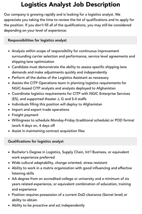 logistics analyst job description