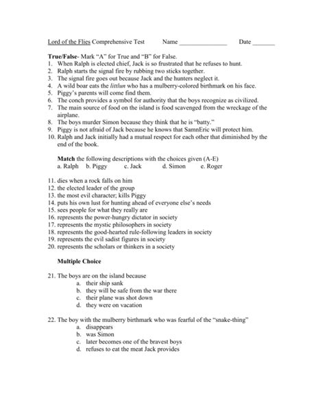 lord of the flies comprehensive test with answers Doc