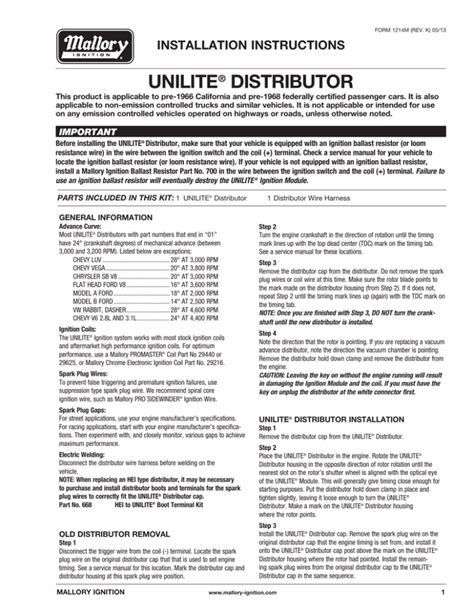 mallory unilite distributor installation instructions Doc