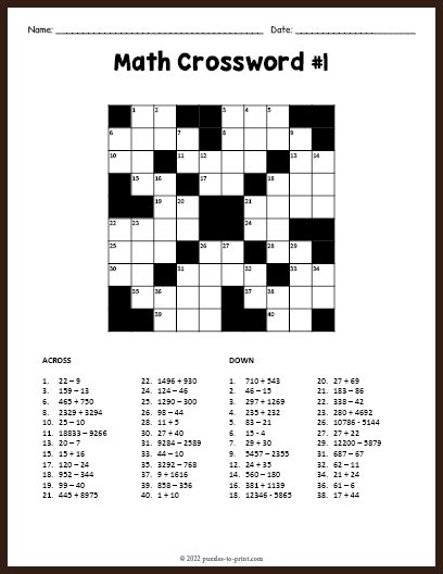 Math Crossword Puzzles Printable Free