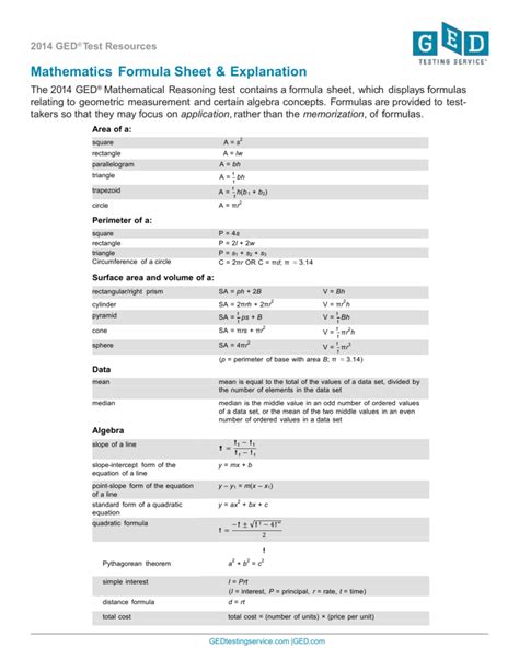 mathematical formula sheet