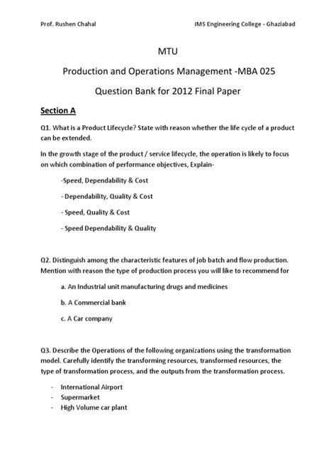 mba operations management question paper PDF