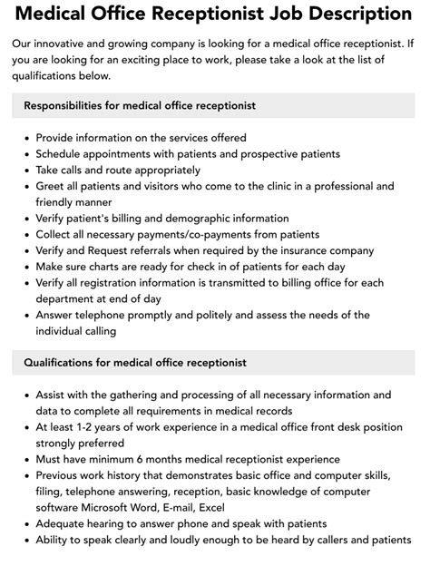 medical receptionist description duties