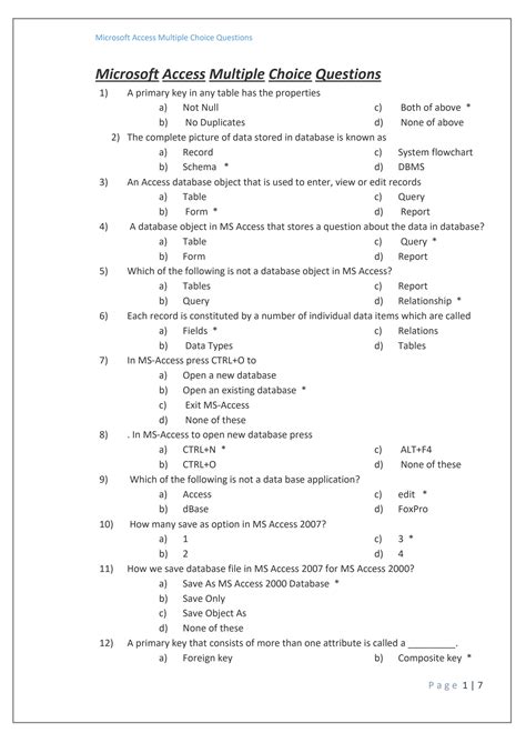 microsoft access multiple choice answers PDF