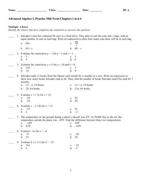 mid quiz 7 algebra 1 answers PDF