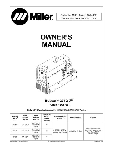 miller bobcat 250 welder owners manual PDF