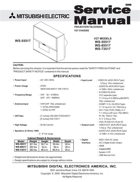 mitsubishi ws 65515 tvs owners manual PDF