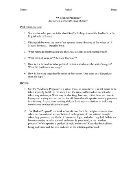 modest proposal close guide answers PDF