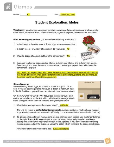 mole lab answer key Doc