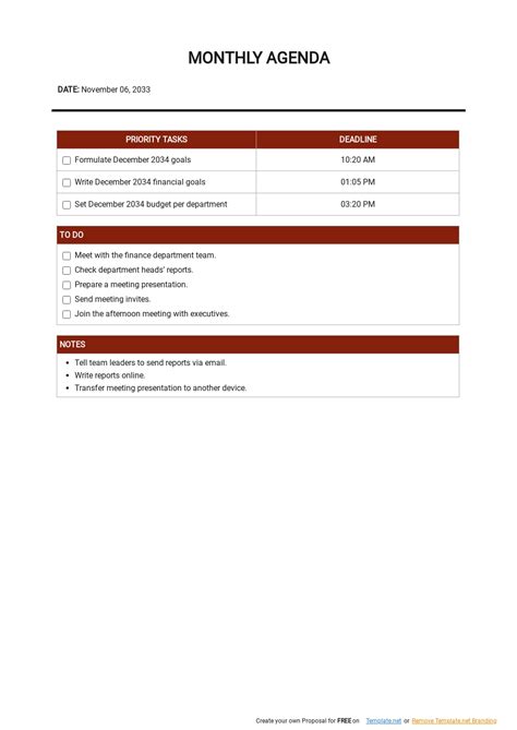 Monthly Agenda Template