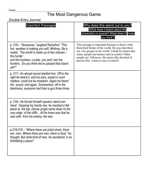 most dangerous game double entry journal PDF