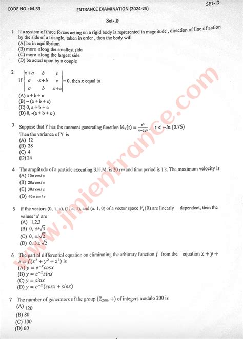 msc maths entrance exam model papers PDF