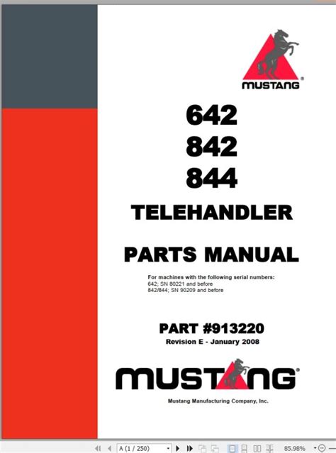 mustang 642 842 844 telehandler parts manual user guide PDF