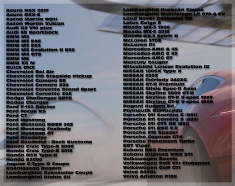 need for speed payback car list