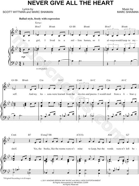 never give all the heart as performed on smash piano or vocal or chords sheet original sheet music edition Epub