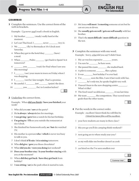 new english file pre intermediate progress test 1 4 Doc