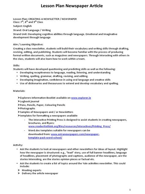 newspaper lesson plans 7th grade Reader