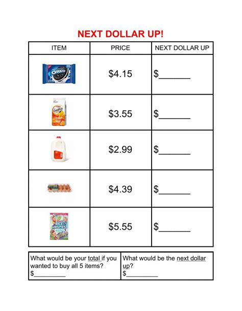 next dollar up worksheets