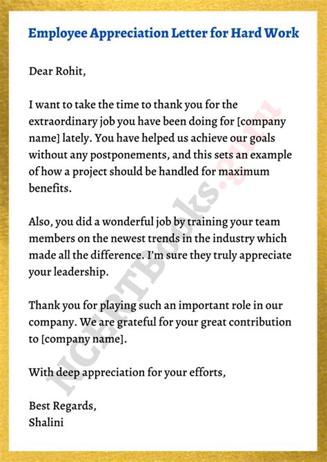 note of appreciation for hard work