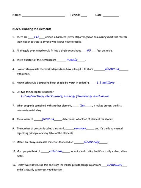 nova hunting the elements worksheet answer key Doc