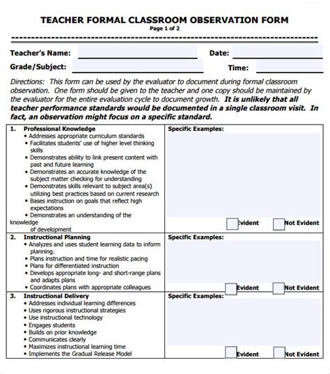 Observation Template For Teachers