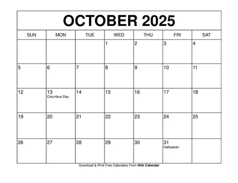 October 25 Calendar Printable