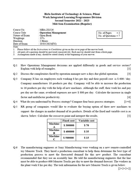 operation management question papers vtu PDF