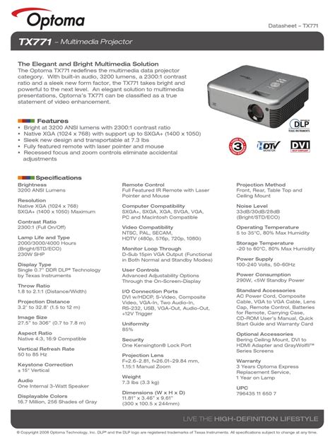 optoma tx771 projectors owners manual PDF