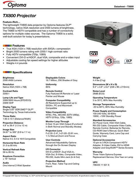 optoma tx800 projectors owners manual PDF
