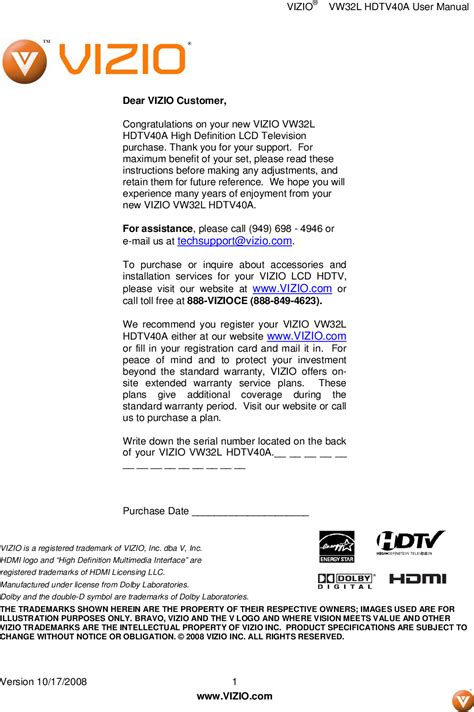 owners manual for vizio model vw32l hdtv40a PDF
