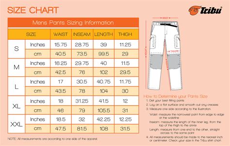 pants measurements size chart