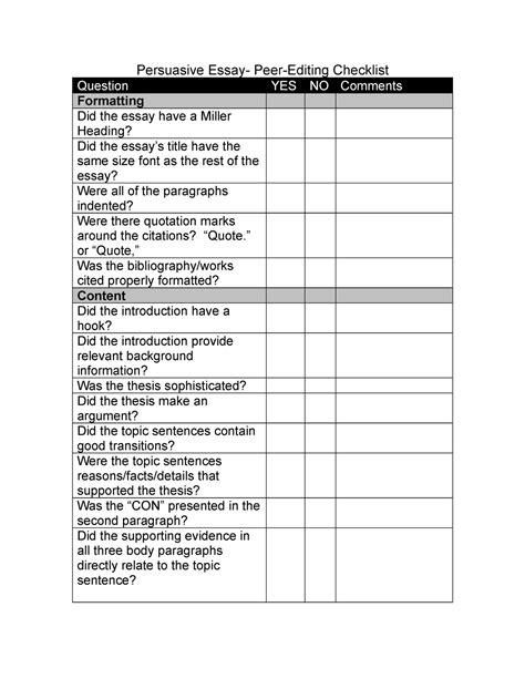 persuasive essay peer editing checklist Reader