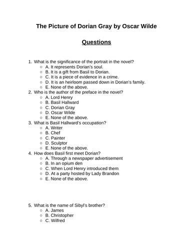 picture of dorian gray multiple choice questions PDF