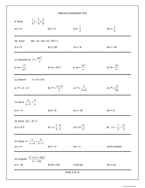 placement test practice math