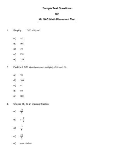 practice math placement test questions accredited online Kindle Editon