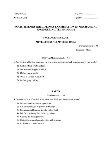 practice paper for mechanical diploma PDF