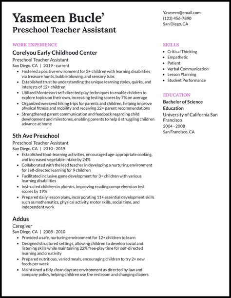 preschool teacher assistant job description resume