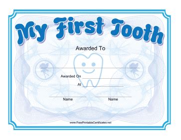 Printable 1st First Tooth Certificate