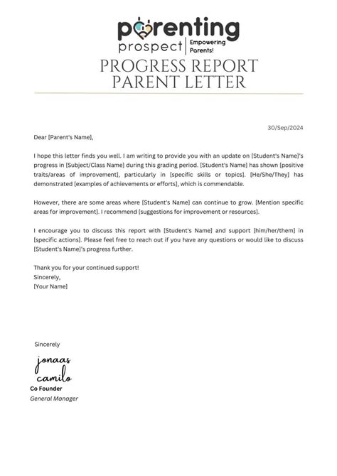 progress report parent letter