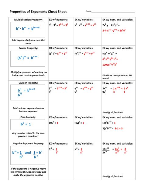 properties of exponents worksheet answer key Doc