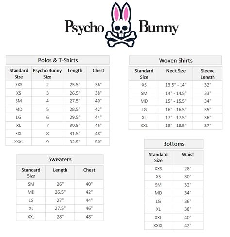 psycho bunny size chart