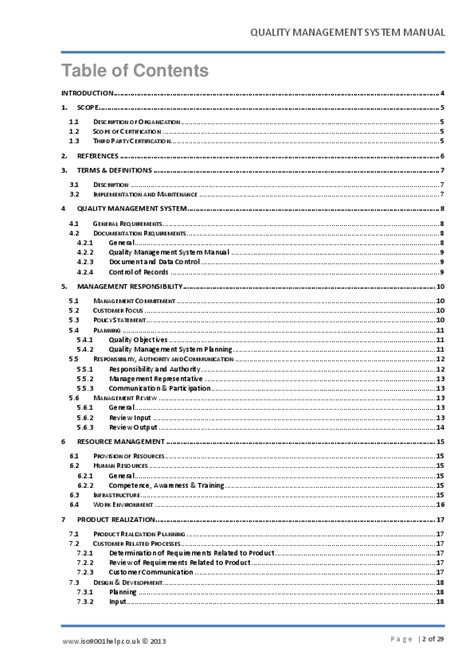 quality manual table of contents Epub