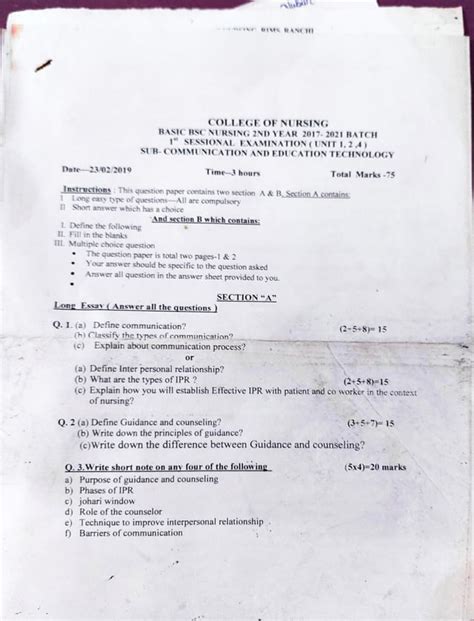 question paper for bsc nursing Epub