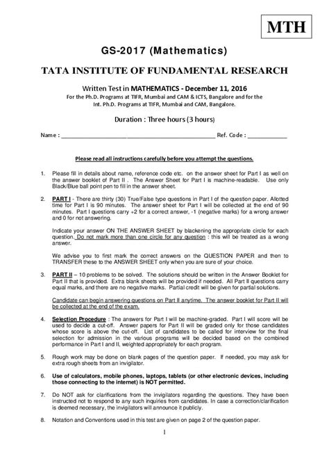 question paper of enterance of tifr integreated ph d from math Reader