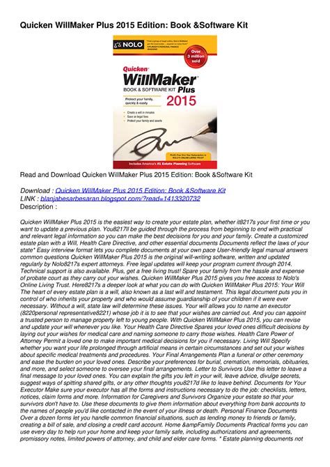 quicken willmaker plus 2015 edition book and software kit Doc