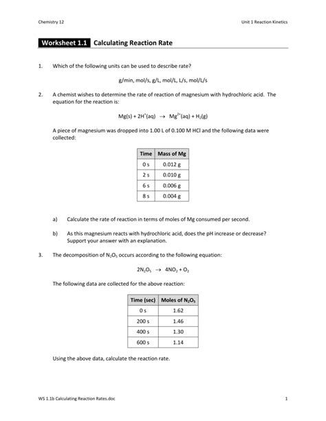 reaction rate worksheet answers PDF