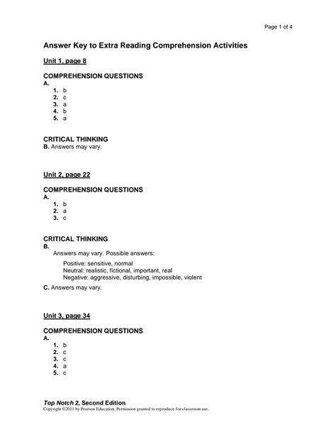 reading comprehension answer key Doc