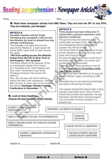 reading the newspaper worksheet Reader